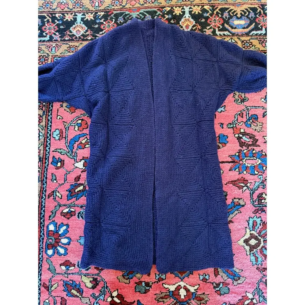 Vintage Crochet Sweater Granny Boho Duster Women's XS- M Navy Knit - Picture 2 of 7